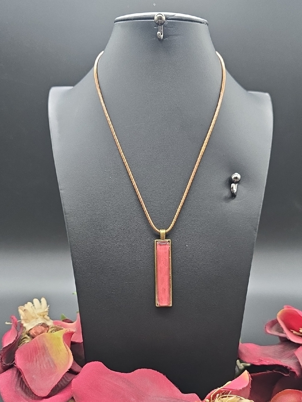 Hand Crafted Pink Rectangular Pendant Necklace with Gold-Tone Frame